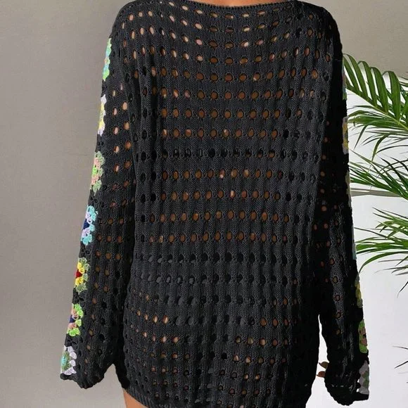 Black Boho Womens Floral Pattern Hollow Out Cover Up Dress - Picture 2 of 5